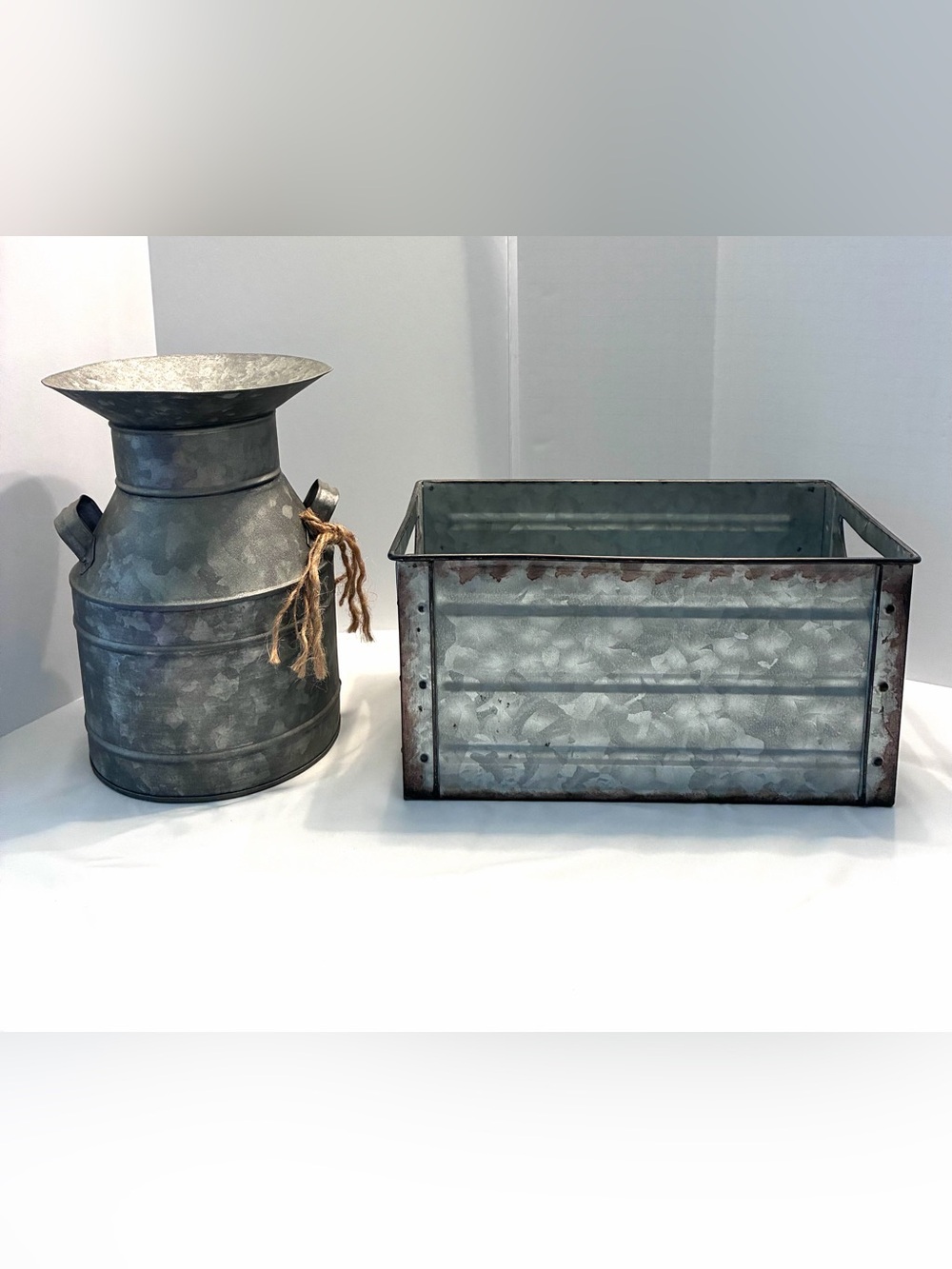 Rustic Farmhouse Galvanized Metal Set โ Milk Can Vase & Storage Crate